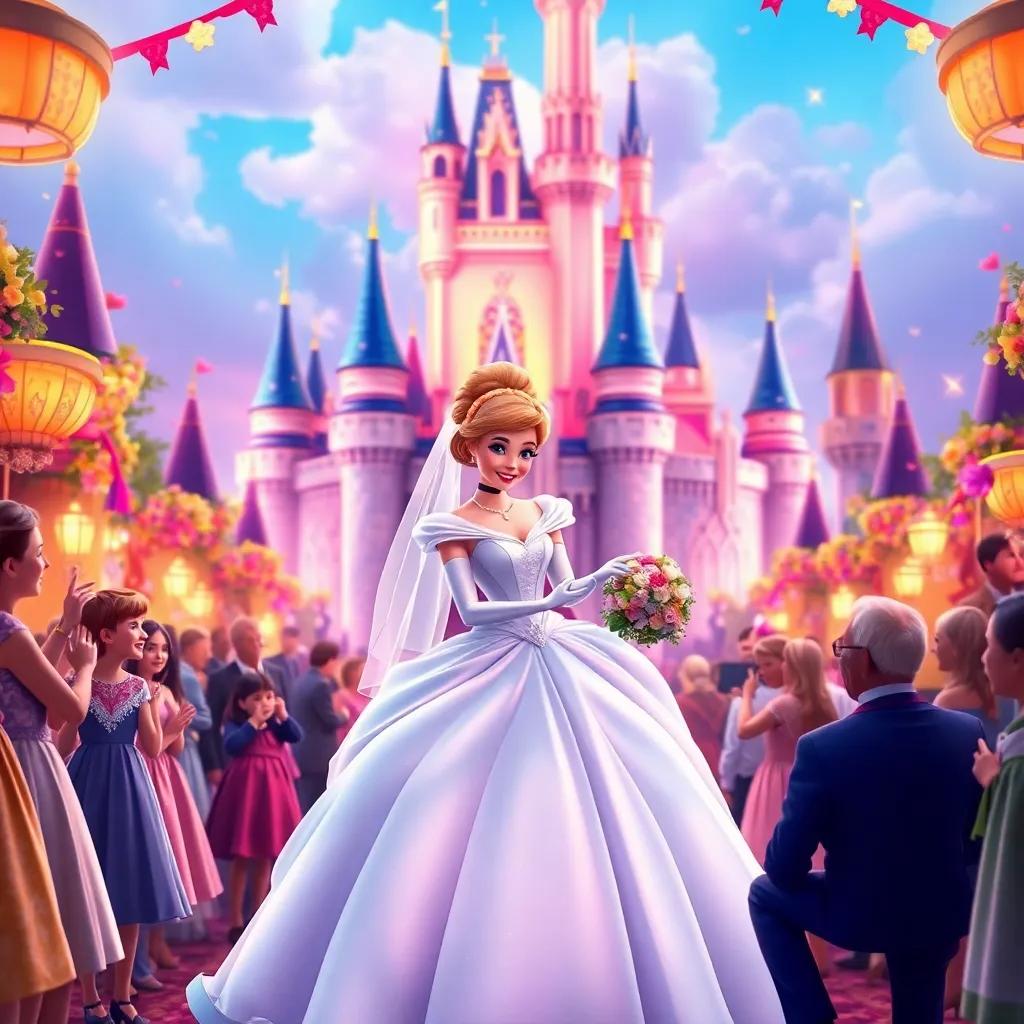 Cinderella in her wedding dress with the prince, a beautiful castle in the background, surrounded by friends and family celebrating, colorful decorations, happiness and love in the air, vivid colors, enchanting, high quality