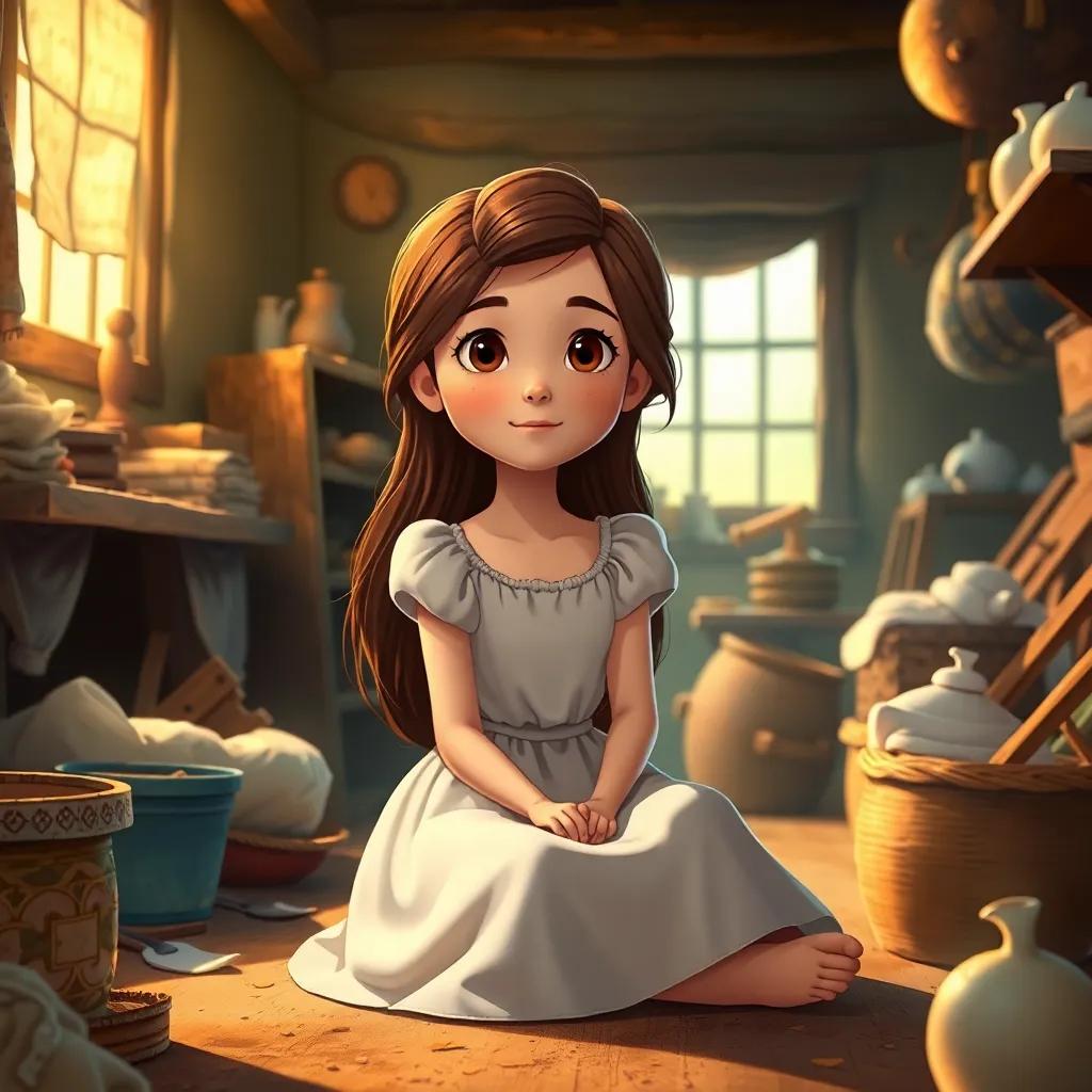 A kind girl, Cinderella, with long brown hair wearing a simple dress, sitting in a dusty room filled with chores, looking hopeful and determined, warm light, cozy atmosphere, digital art, detailed, cheerful
