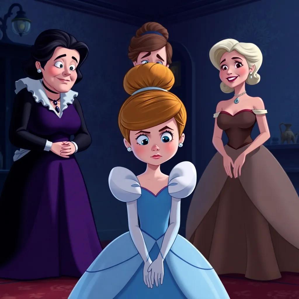 Cinderella looking sad as her stepmother and two stepsisters, wearing fancy dresses, laugh at her, with a dark and gloomy room in the background, color contrast, illustration, storytelling, child-friendly