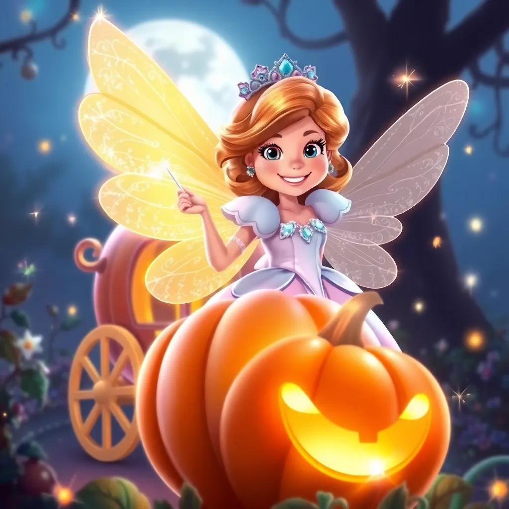 A beautiful fairy godmother, with sparkling wings and a bright smile, waving a magic wand in front of a glowing pumpkin turning into a carriage, surrounded by sparkles and light, vibrant colors, magical scene, illustration, enchanting