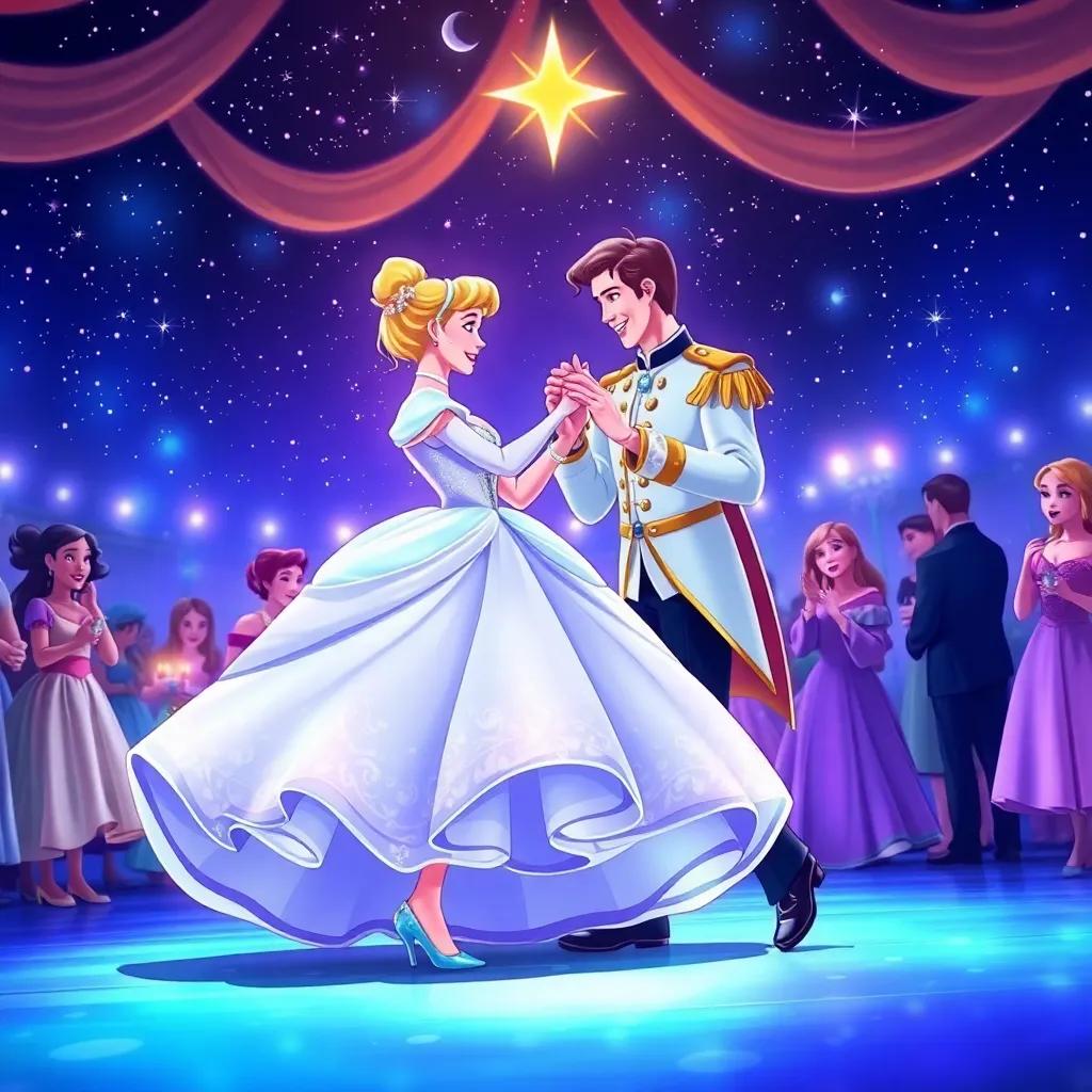 Cinderella in a stunning ball gown, with glass slippers, dancing with a handsome prince under a starry sky, surrounded by other joyful guests and glowing lights, whimsical atmosphere, digital art, rich colors, lively