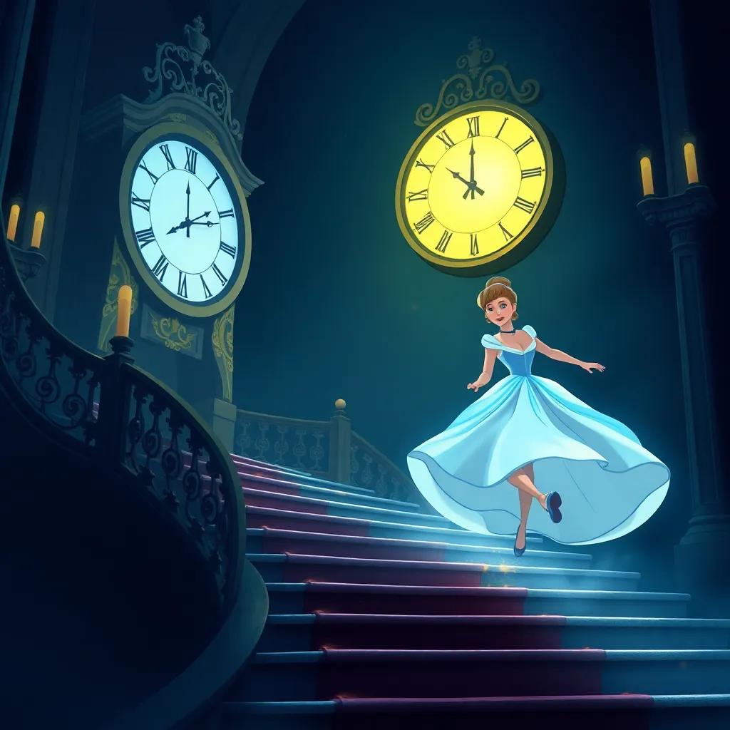 A clock striking midnight with Cinderella running away, dropping a glass slipper on the stairs of a grand palace, sense of urgency and magic, nighttime scene, dramatic lighting, illustration, capturing movement, child-friendly