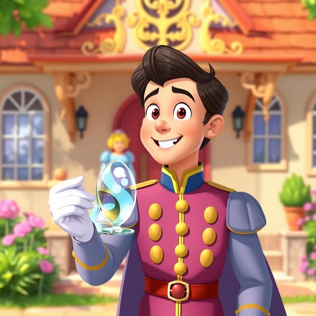 The prince, looking excited, holding the glass slipper as he stands in front of Cinderella's home, showing determination and joy, bright colors, outdoor scene, friendly atmosphere, illustration, cheerful and optimistic