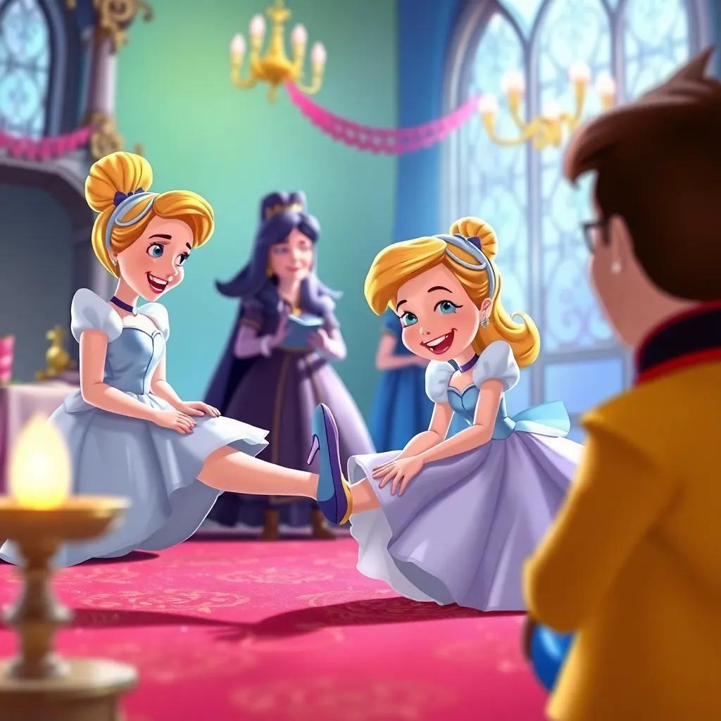 Cinderella trying the glass slipper on her foot with a big smile as the prince watches happily, her stepsisters shocked in the background, joyous and colorful environment, digital art, vibrant details, heartwarming