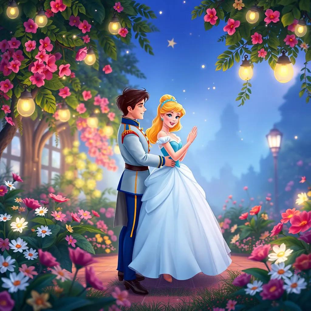 Cinderella and the prince happily dancing together in a lush garden, filled with flowers and twinkling lights, love and joy in their eyes, bright colors, picturesque view, romantic illustration, magical escape