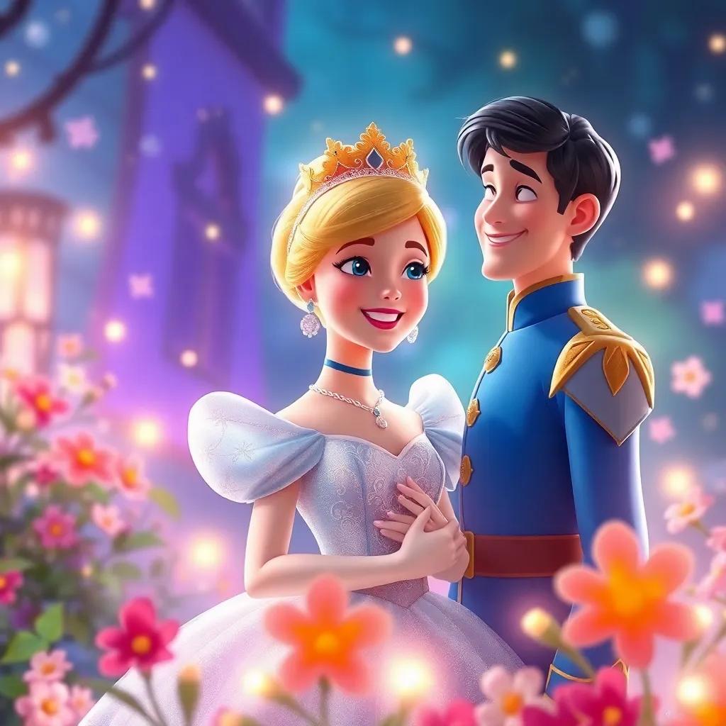 Cinderella, wearing a crown, standing next to the prince, surrounded by fairy lights and flowers, looking joyful and fulfilled, bright colors, enchanting scene, digital art, fantasy vibes