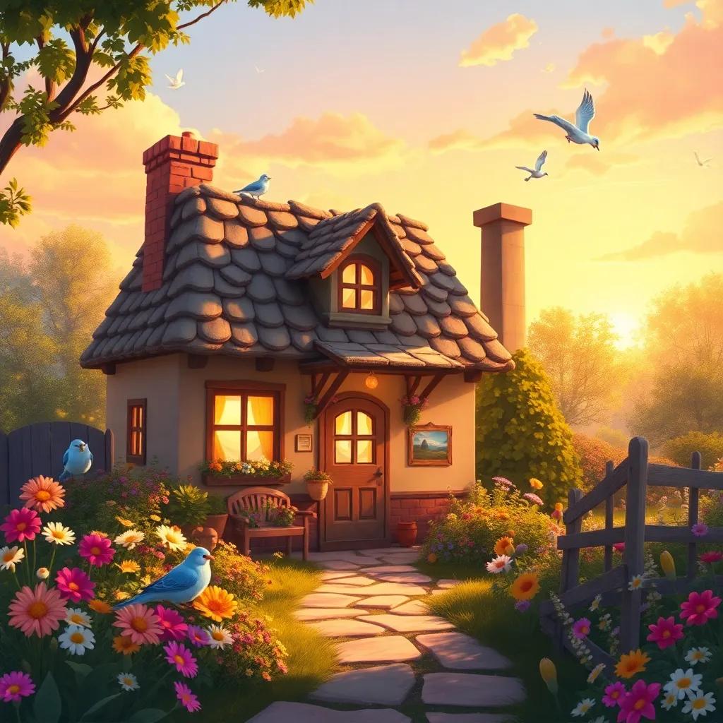 A cozy cottage in the background where Cinderella now lives happily, filled with light and warmth, with birds and flowers around, cheerful atmosphere, bright sunset colors, illustration, heartwarming ending
