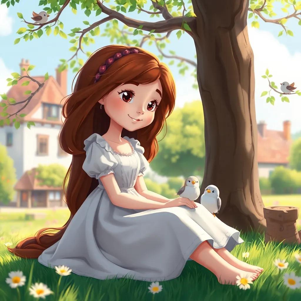 A kind girl, Cinderella, with long brown hair wearing an old dress, sitting under a tree with little birds singing around her, in a sunny village, cheerful, soft colors, inviting atmosphere, high quality