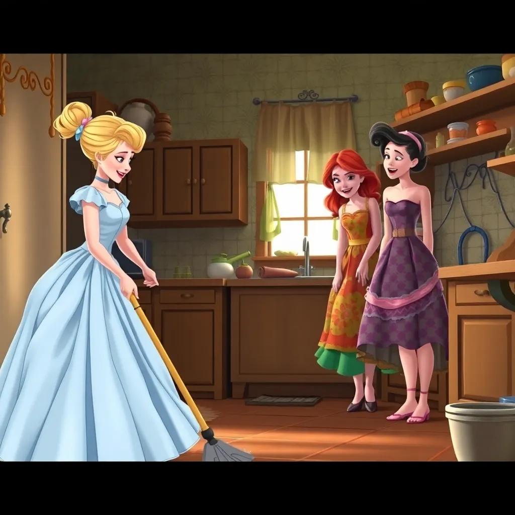 Cinderella, wearing an old dress, scrubbing the floor, with two mean stepsisters in colorful dresses laughing at her, in a cozy but messy kitchen, warm light, relatable scene, high quality