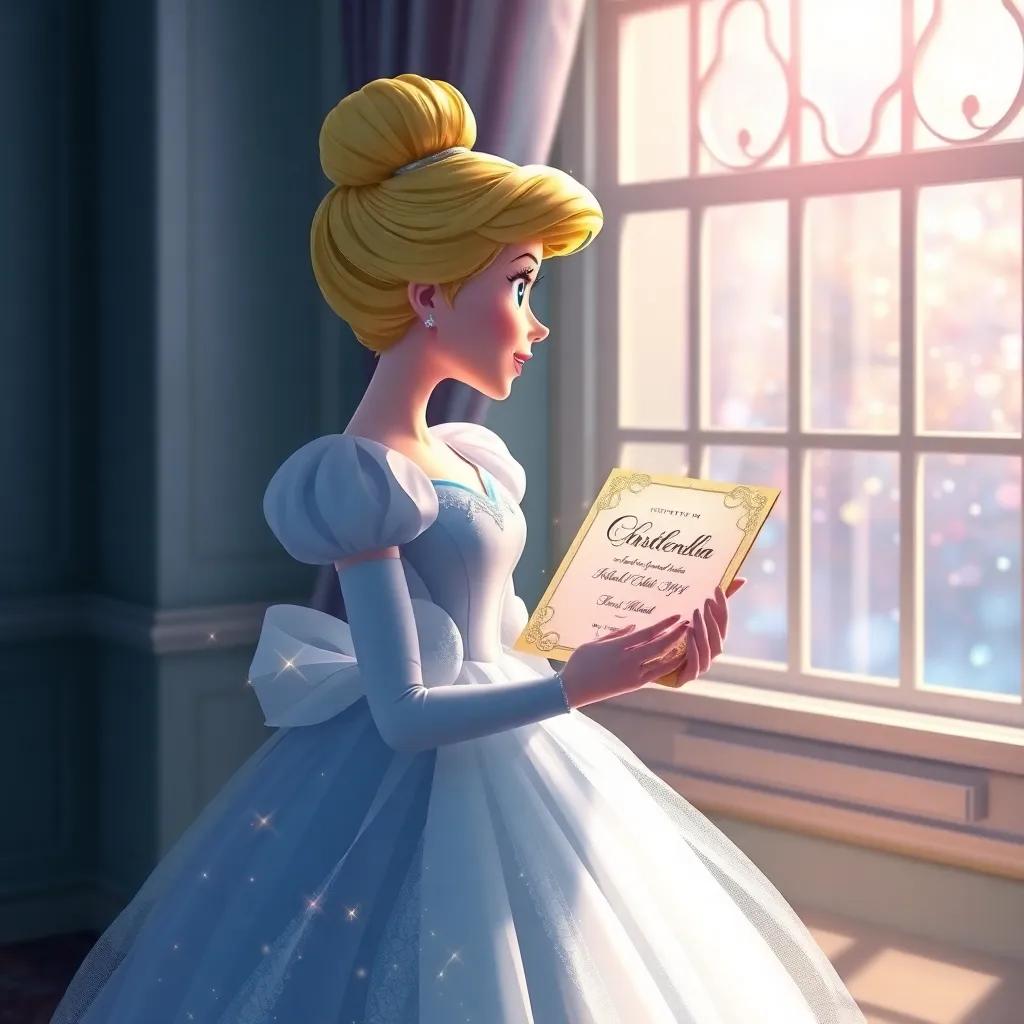 Cinderella amazed, holding a beautiful ball invitation with sparkles around, standing by the window looking out, in a bright room filled with light, dreamlike, magical atmosphere, high quality