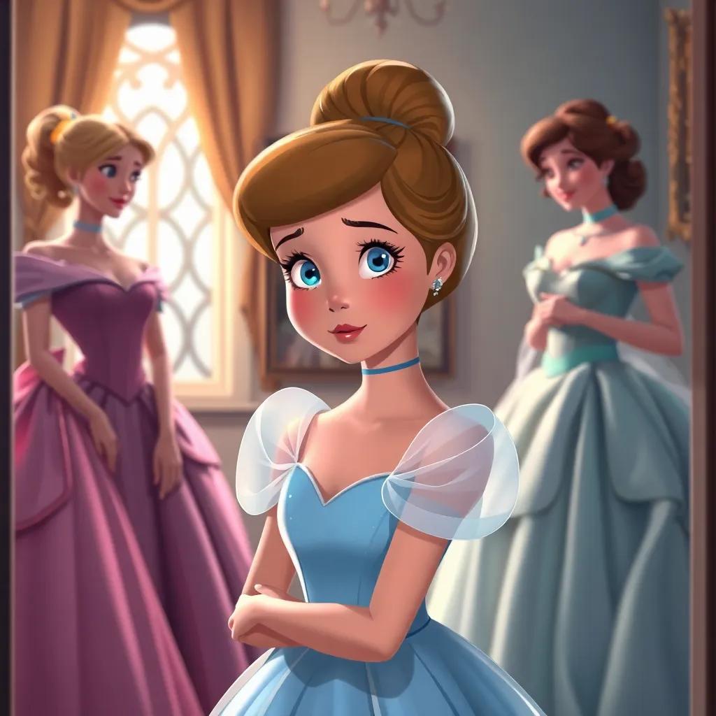 Cinderella, with tears in her eyes, standing in the corner of the room while her stepsisters try on fancy dresses, soft lighting, emotional scene, heartwarming colors, high quality