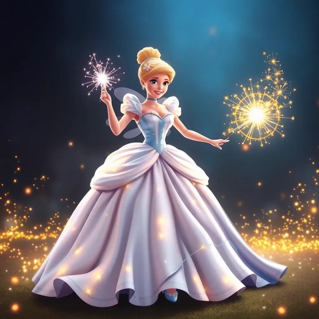 A magical fairy godmother, with a sparkling wand, transforming Cinderella’s old dress into a beautiful gown and glass slippers, with sparkles and colorful light, enchanting, joyful scene, high quality