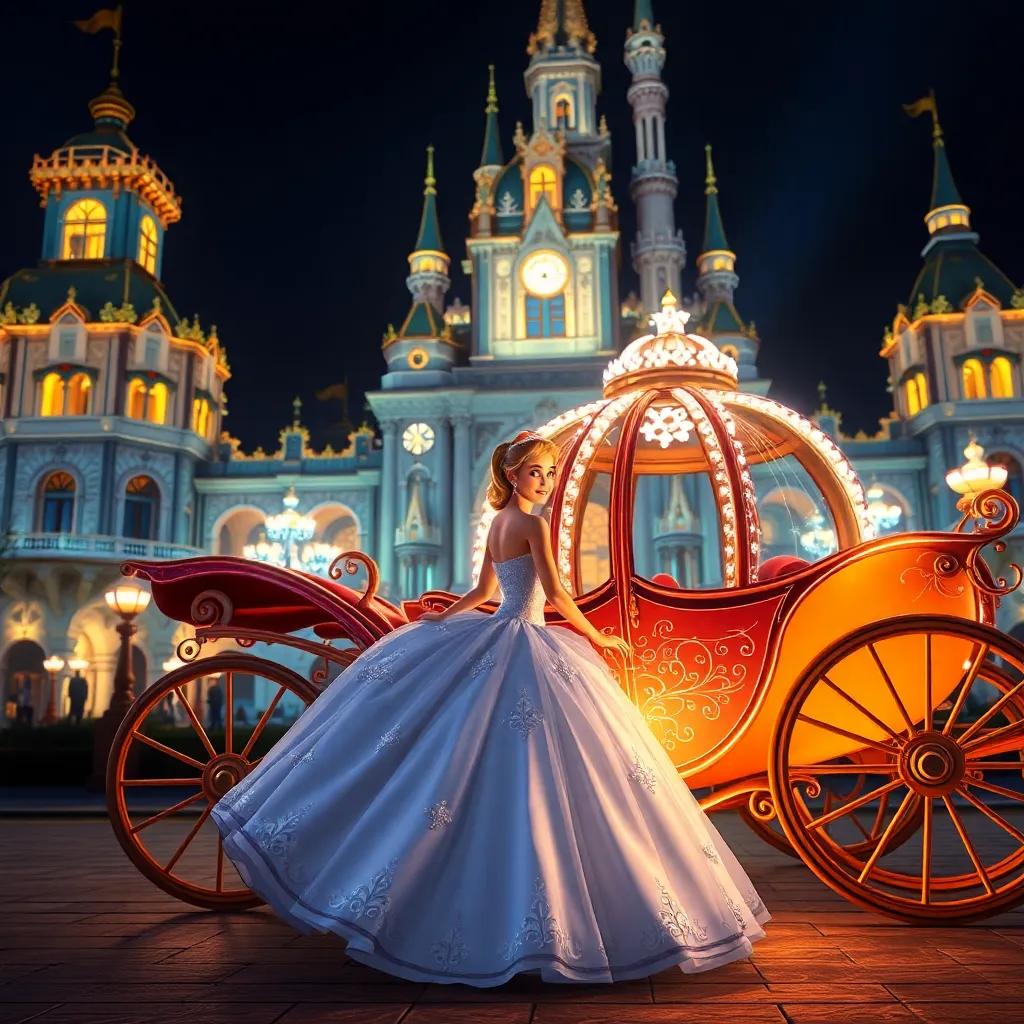 Cinderella, in a stunning gown, stepping out of a sparkling pumpkin carriage, in front of a grand palace lit up at night, enchanting, fairy tale atmosphere, high quality
