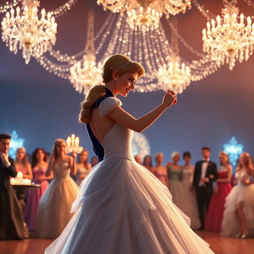 Cinderella and the prince dancing together under glittering lights at the ball, surrounded by amazed guests in elegant dresses, romantic, dreamy, magical ambiance, high quality