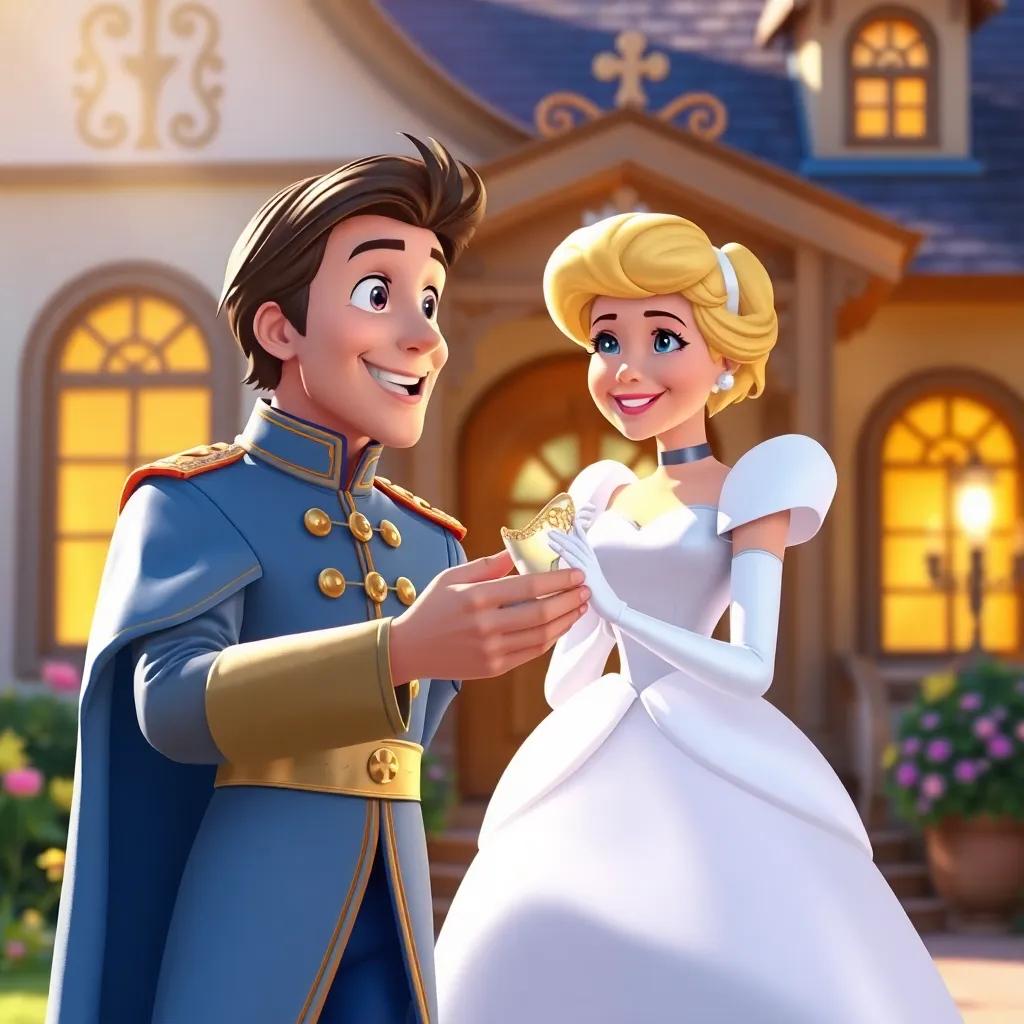 The prince, looking excited, holding Cinderella’s glass slipper, standing in front of her house, sunlight shining brightly, joyful moment, heartwarming, high quality