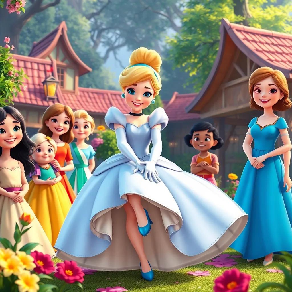 Cinderella happily wearing her glass slipper, surrounded by her smiling village friends in the palace garden, bright colors, celebration, cheerful atmosphere, high quality