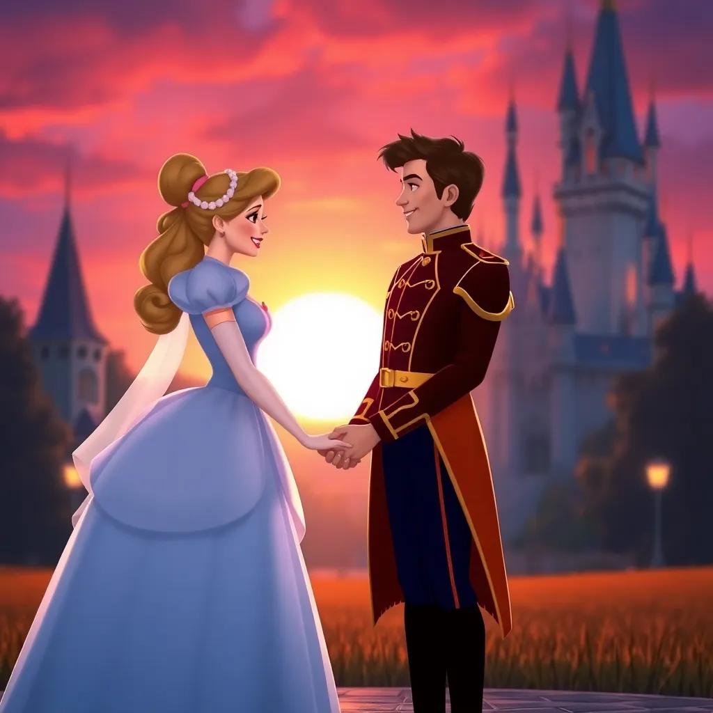 Cinderella and the prince, holding hands and smiling at each other, standing in front of a castle with a beautiful sunset, blissful moment, fairy tale happiness, high quality