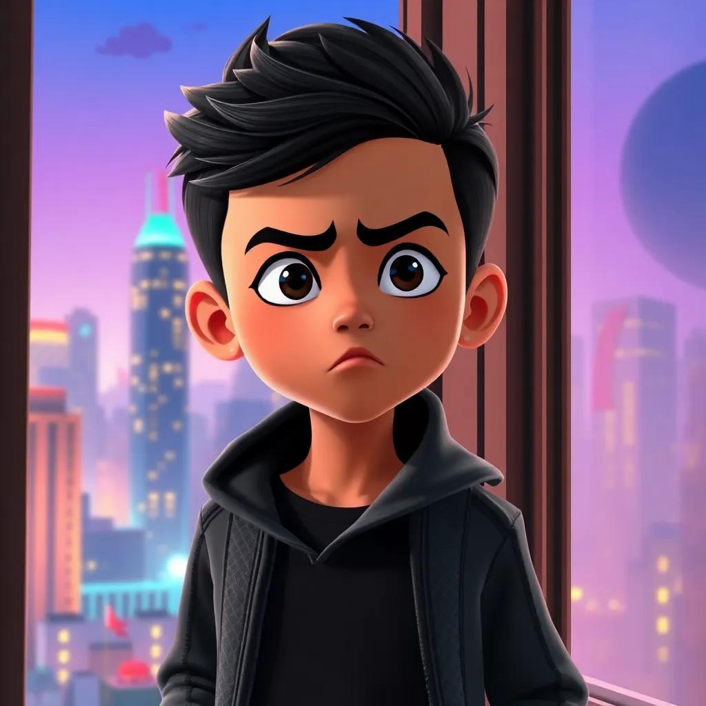 A young Arab boy, Omar, with short black hair wearing stylish clothes, looking out from a tall house window with a frown, city skyline in the background, digital art, vibrant colors, contrasting emotions, storytelling scene, high quality