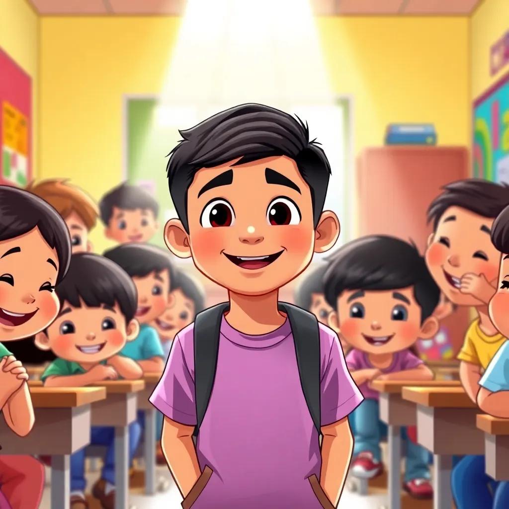 A happy young Arab boy, Omar, with short black hair wearing casual clothes, surrounded by cheerful classmates in a classroom, colorful posters on the walls, bright learning atmosphere, illustration, light rays shining through, uplifting view, child-friendly