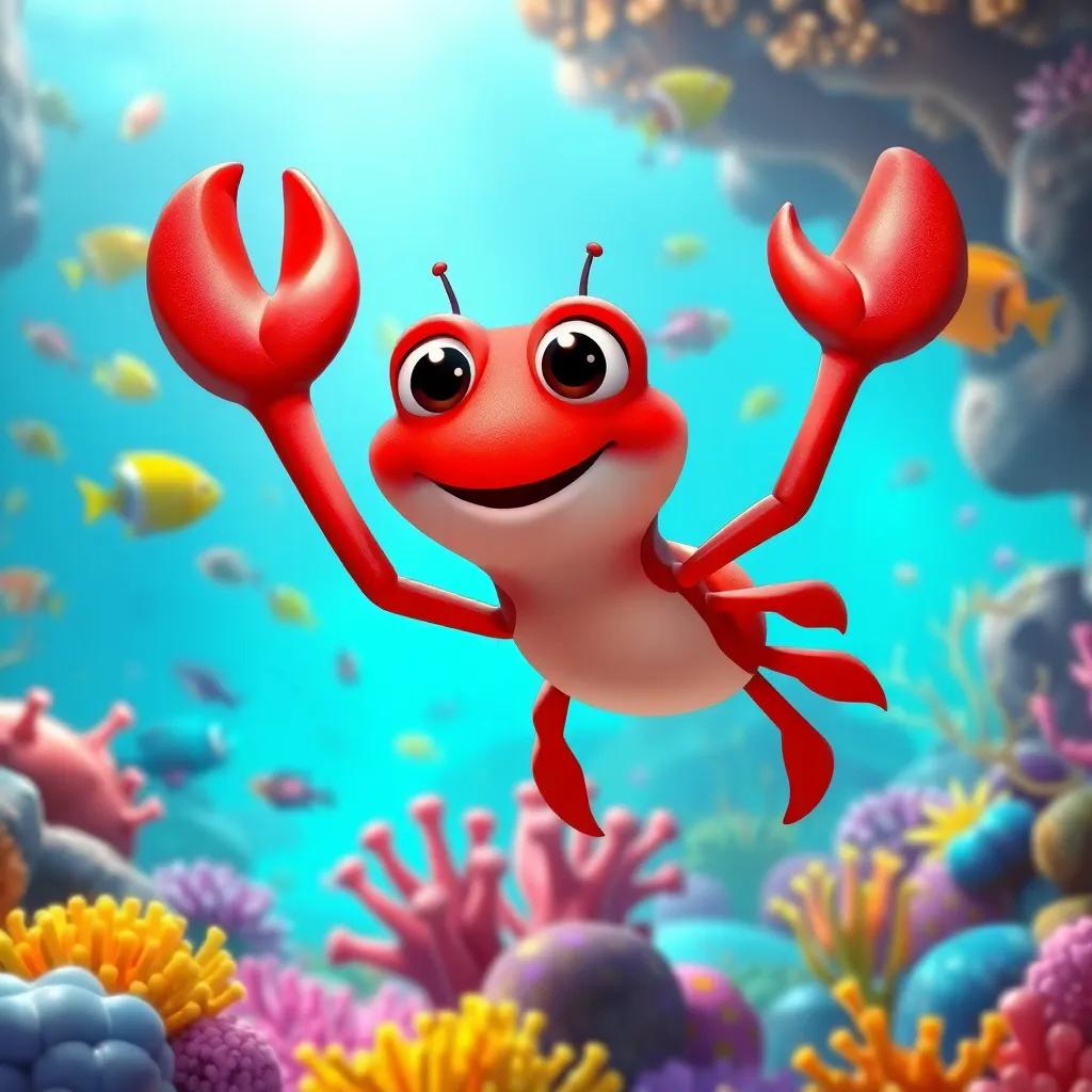 Clara the Crab, a small bright red crab with big eyes, waving her claws excitedly in a colorful coral reef filled with fish and sea plants, cheerful atmosphere, underwater scene, digital art, vibrant colors, engaging view, high quality