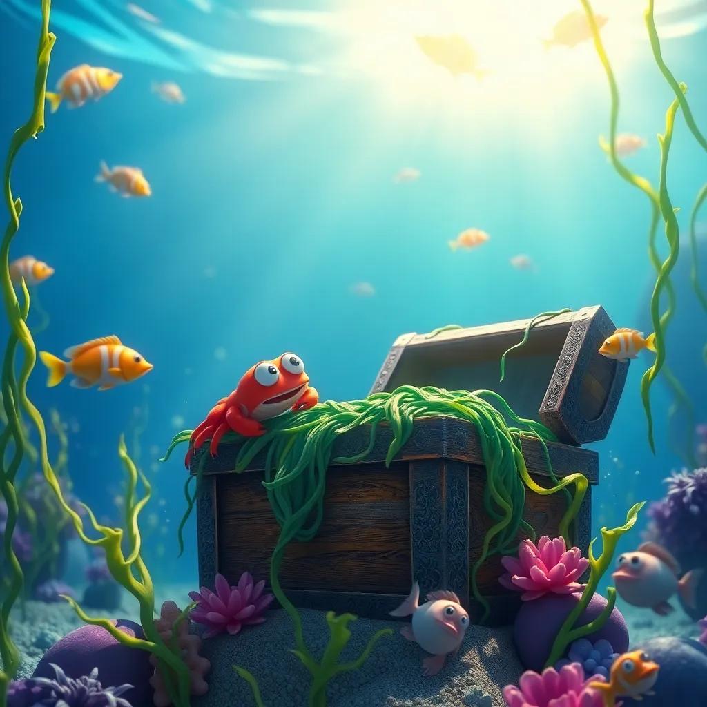 Clara the Crab, a small red crab, curiously looking at a big treasure chest covered in seaweed on the ocean floor with fish swimming around, curious atmosphere, underwater scene, digital art, colorful, bright light, high quality
