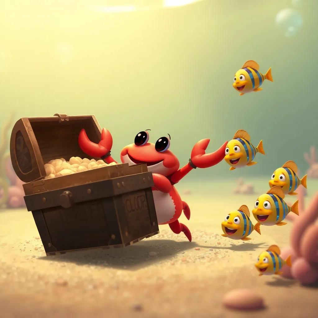 Clara the Crab, a small red crab, pushing a heavy treasure chest with tiny fish helping her, all working together, teamwork and enthusiasm, underwater scene, digital art, warm tones, joyful moment, high quality
