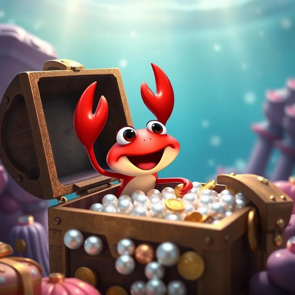 Clara the Crab, a small red crab, opening a treasure chest filled with shiny pearls and gold coins, her eyes wide with joy, underwater scene, digital art, sparkling colors, festive atmosphere, high quality