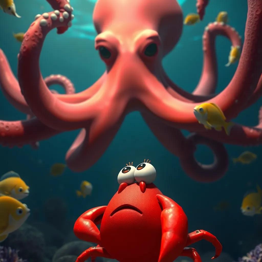Clara the Crab, a small red crab, looking up at a giant octopus with a surprised expression, surrounded by scared fish swimming away, tense atmosphere, underwater scene, digital art, dramatic lighting, high quality