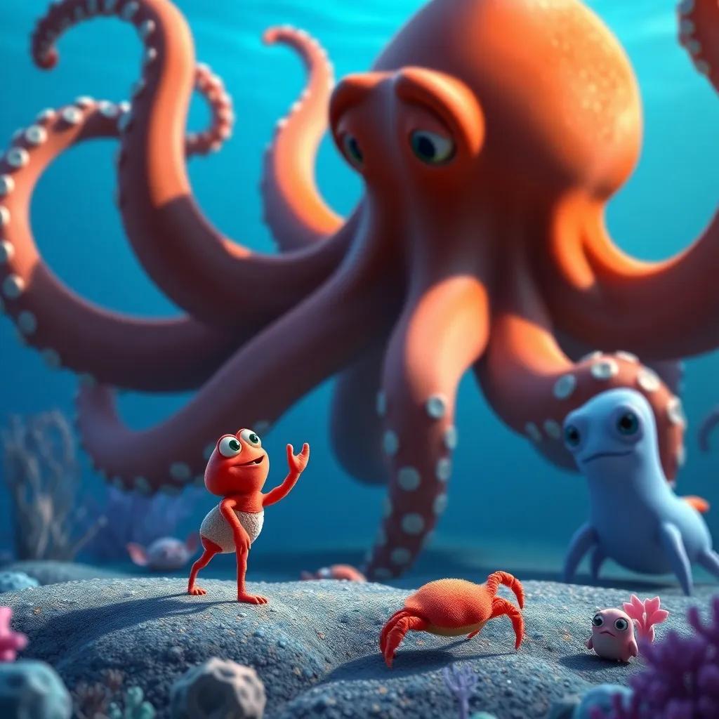Clara the Crab, a small red crab, bravely standing before a giant octopus, speaking with a friendly gesture, other sea creatures watching, uplifting moment, underwater scene, digital art, bright colors, high quality