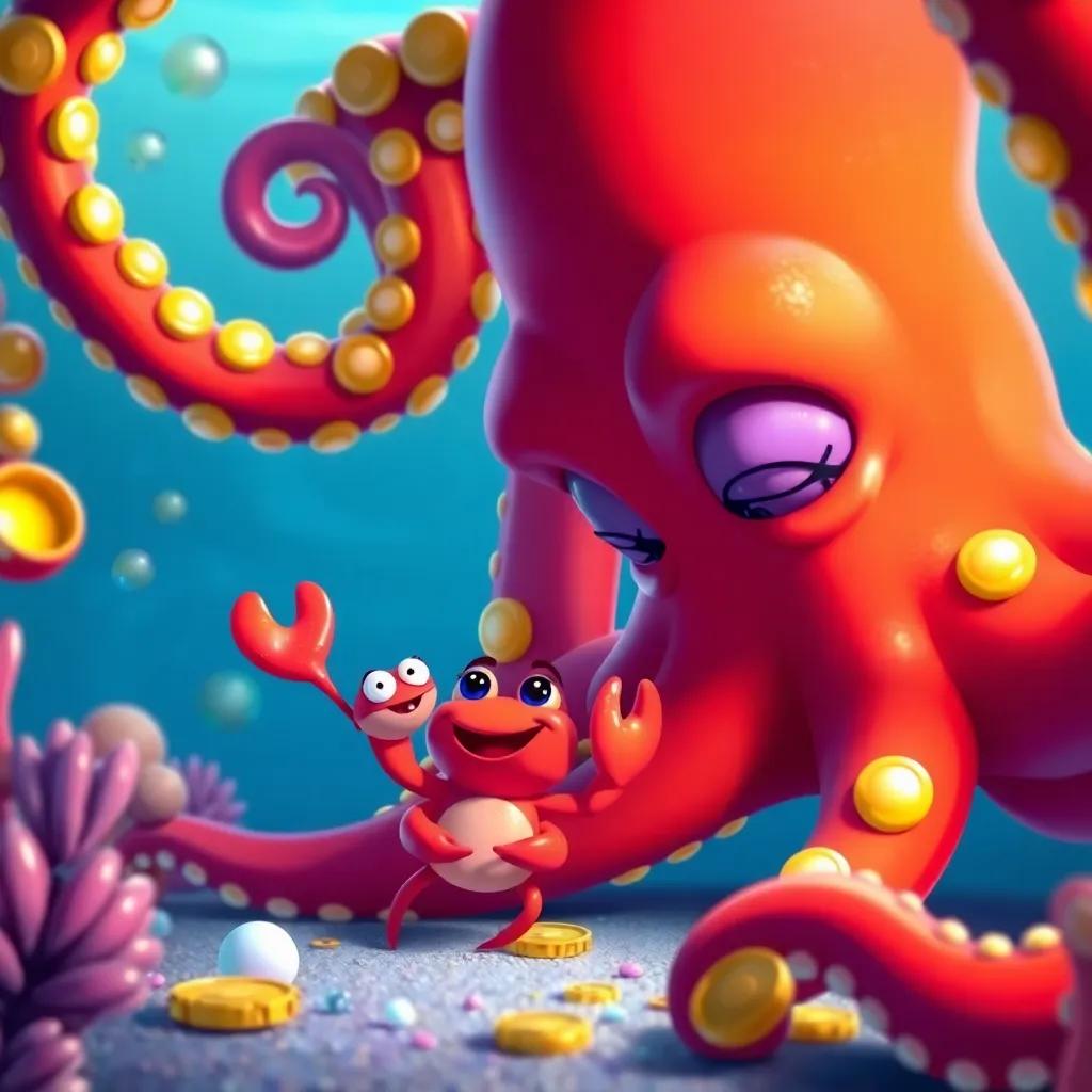 Clara the Crab, a small red crab, and the giant octopus smiling at each other, surrounded by bright pearls and coins, now friends, happy mood, underwater scene, digital art, colorful, heartwarming atmosphere, high quality