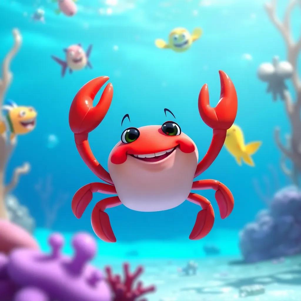 Clara the Crab, a small red crab, enjoying her happy life with friends in the bright blue sea, playing and laughing together, joyful atmosphere, underwater scene, digital art, bright colors, heartwarming view, high quality