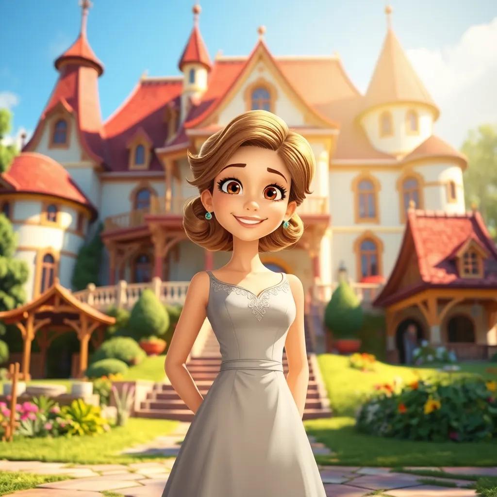 A proud woman named Clara, with light brown hair in an elegant dress, standing boastfully in front of a large, colorful estate, boasting to the villagers, bright sunlight, cheerful atmosphere, showing off her wealth, detailed illustration, vibrant colors, inviting scene, digital art