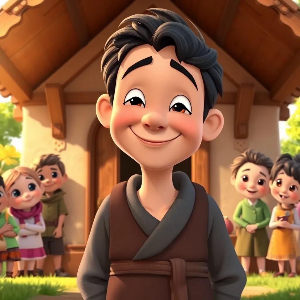 Tom, a humble man with dark hair and simple clothes, smiling kindly in front of his cozy little home, surrounded by friendly villagers, bright day, warm sunlight, sense of community, illustration, heartwarming,  cheerful scene, digital art