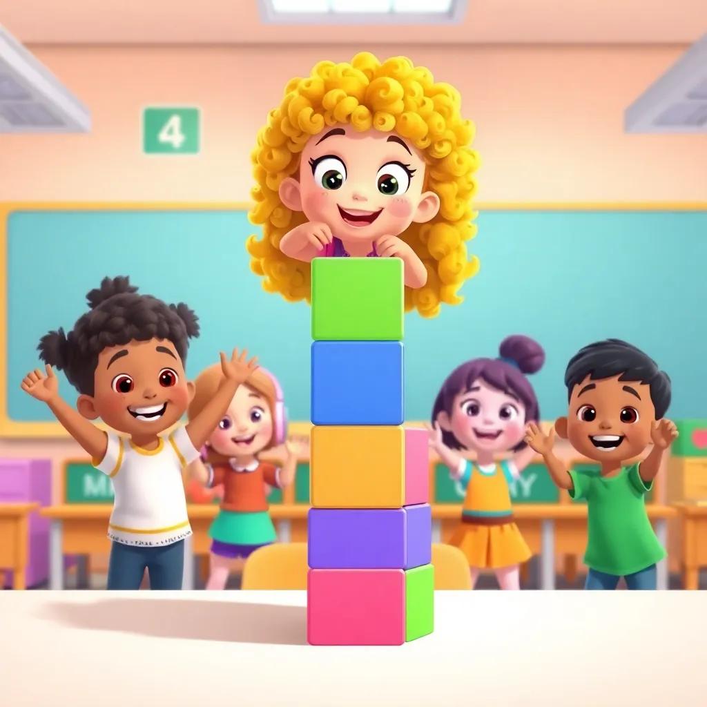 A young girl, Cleo, with bright curly hair, confidently placing the last cube on a tall tower, surrounded by cheering friends in a colorful classroom, colorful, engaging, child-friendly, illustration, cheerful, lively scene