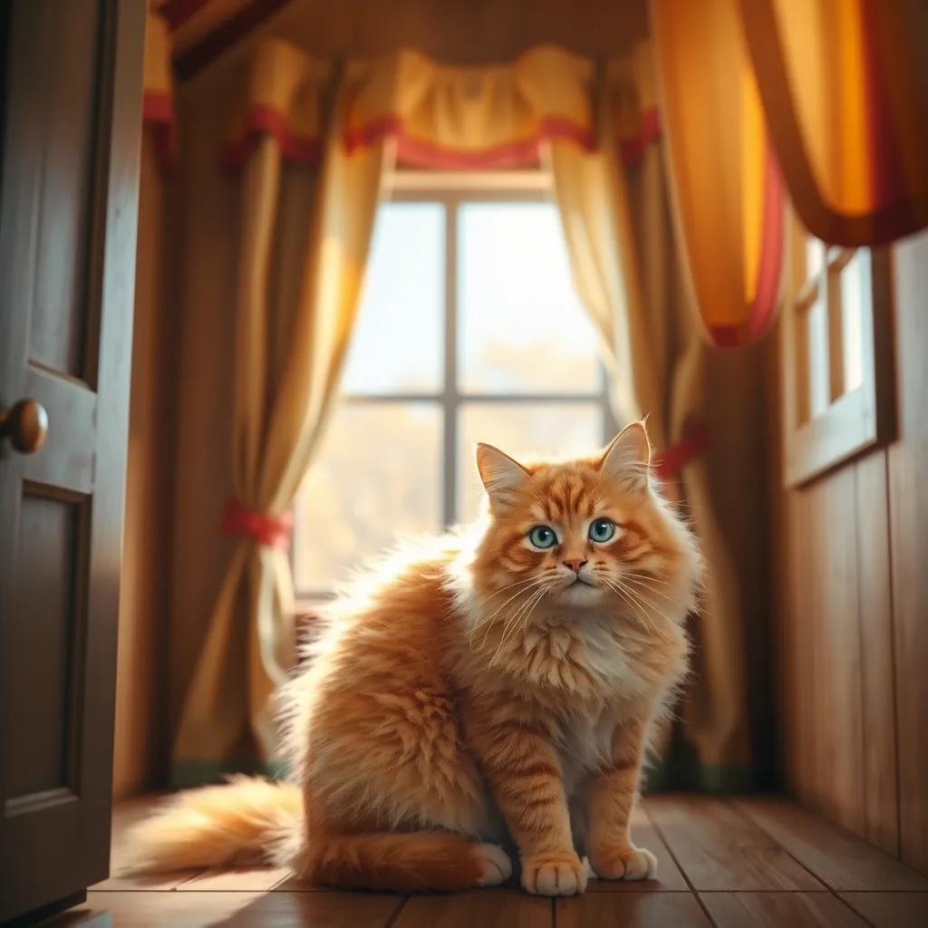 A fluffy orange cat, Cleo, sitting in a cozy little house with a window and colorful curtains, sunlight streaming in, digital art, warm colors, inviting atmosphere, high quality