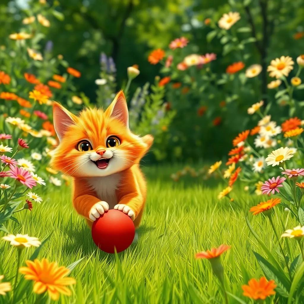 Cleo, the fluffy orange cat, chasing a bright red ball in a green garden filled with flowers, bright sunny day, joyful atmosphere, child-friendly illustration, high quality