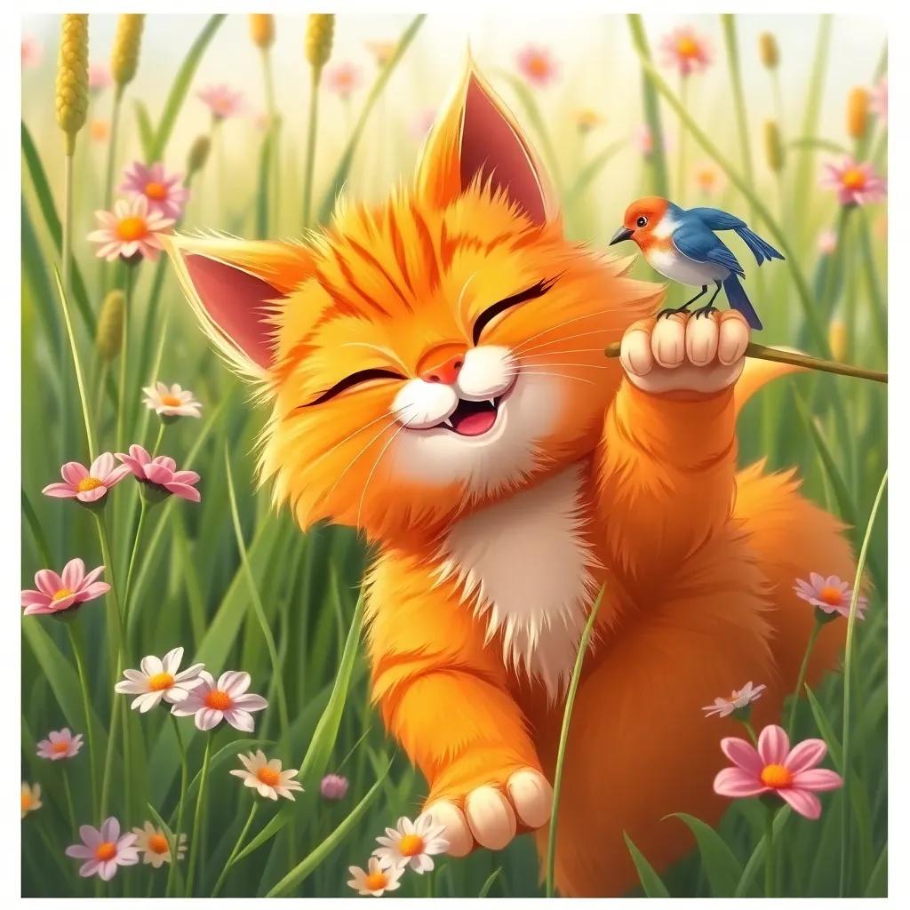Cleo, the fluffy orange cat, pouncing in tall grass with flowers around, winking at a little bird perched on a branch, cheerful scene, vibrant colors, playful illustration, high quality