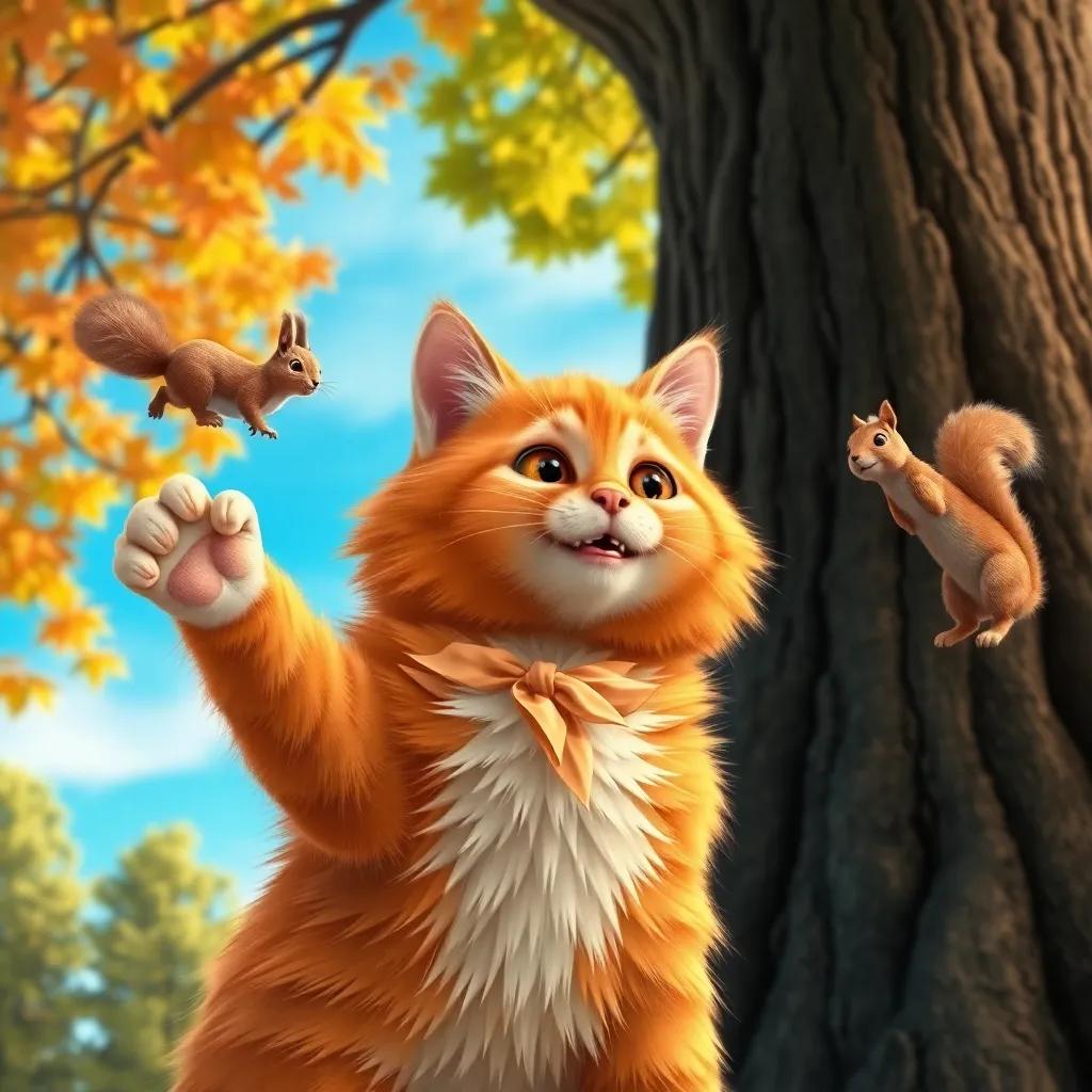 Cleo, the fluffy orange cat, waving a paw at a curious squirrel near the tall tree, with colorful leaves and a blue sky, friendly atmosphere, detailed digital art, high quality