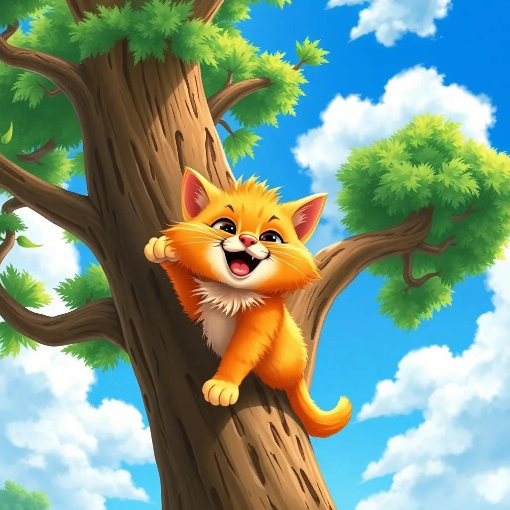 Cleo, the fluffy orange cat, climbing a big tree with a big smile, feeling brave and happy, bright blue sky and fluffy clouds in the background, vibrant colors, adventure-themed illustration, high quality