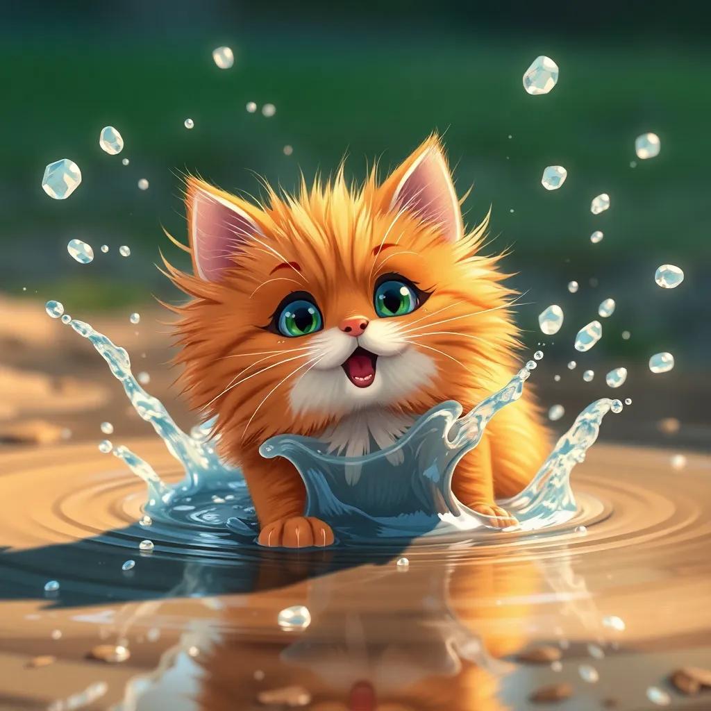 Cleo, the fluffy orange cat, splashing in a puddle with water flying around, looking surprised and playful, cute scene, warm light, joyful atmosphere, charming illustration, high quality