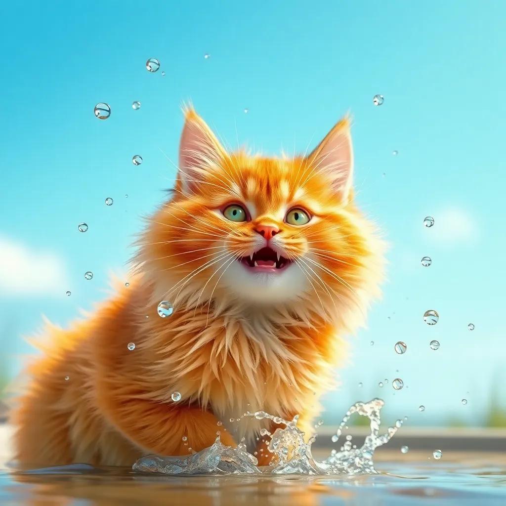Cleo, the fluffy orange cat, shaking off water with drops flying around, looking cheerful with a sunny background, entertaining scene, digital art, colorful and lively, high quality