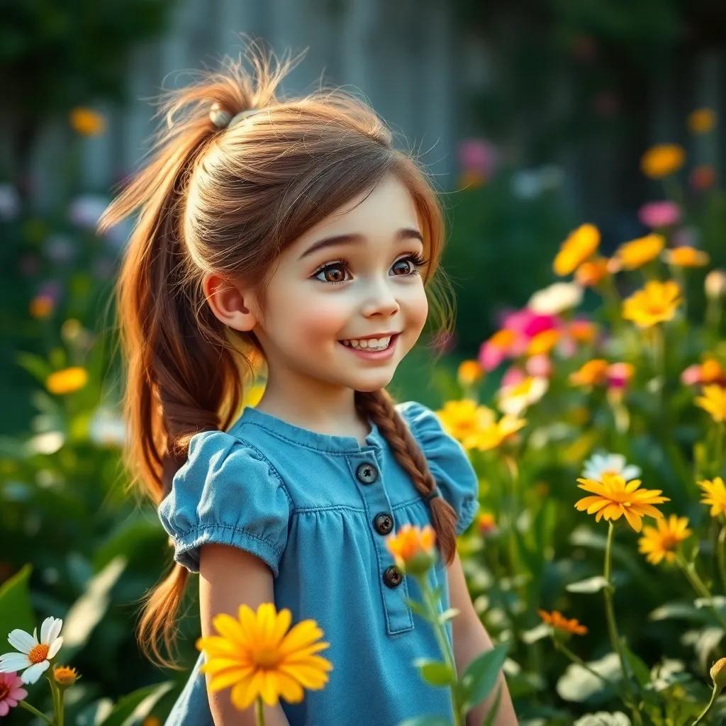 Mia, a young girl with brown hair in a ponytail, calling for Cleo in a garden, happy and bright expression, surrounded by flowers, cheerful scene, child-friendly, high quality