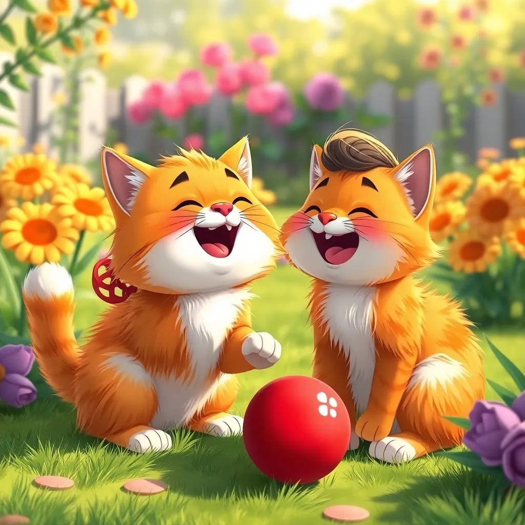 Cleo, the fluffy orange cat, playing with Mia in a garden, both smiling and laughing, with the red ball bouncing, vibrant colors, joyful atmosphere, heartwarming illustration, high quality