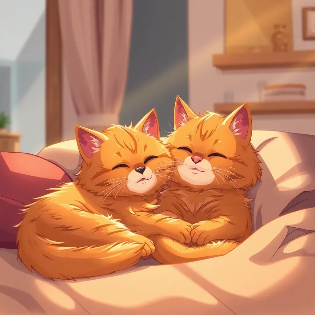 Cleo, the fluffy orange cat, snuggled up next to Mia at home, both looking cozy and happy, warm light streaming in, peaceful atmosphere, charming illustration, high quality