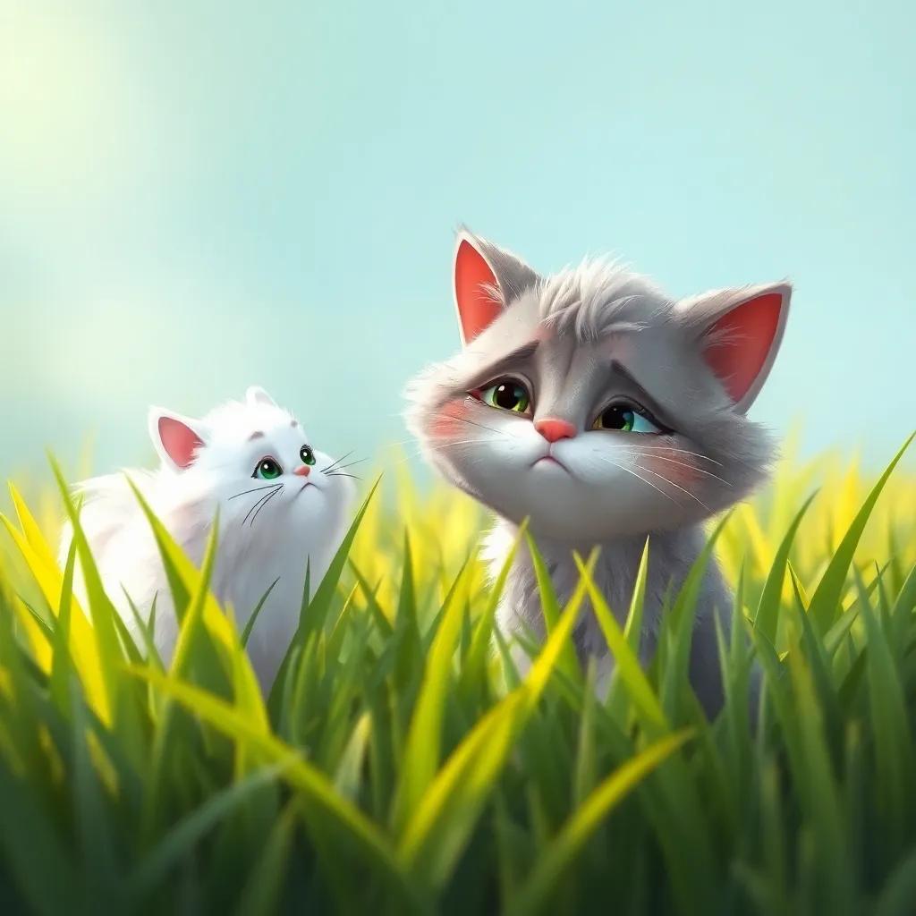 A sad cat named Cleo with soft gray fur, sitting in tall green grass, looking worried while talking to a fluffy white cat named Fluffy, cheerful and fuzzy, digital art, vivid colors, bright and warm atmosphere, whimsical
