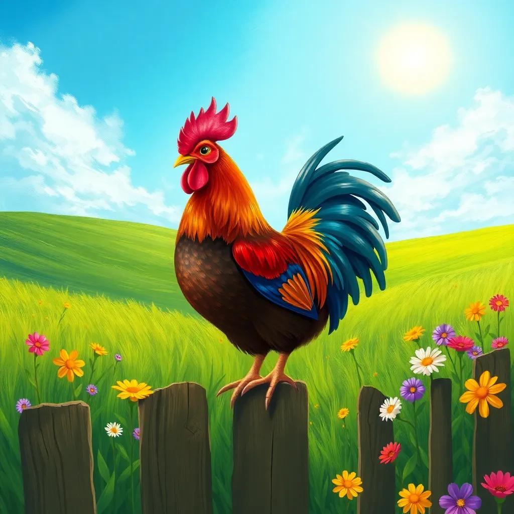 A brave cock named Charlie with shiny feathers, standing atop a wooden fence in a green meadow under a bright sun, cheerful expression, colorful flowers around, digital art, vibrant colors, warm atmosphere, high quality