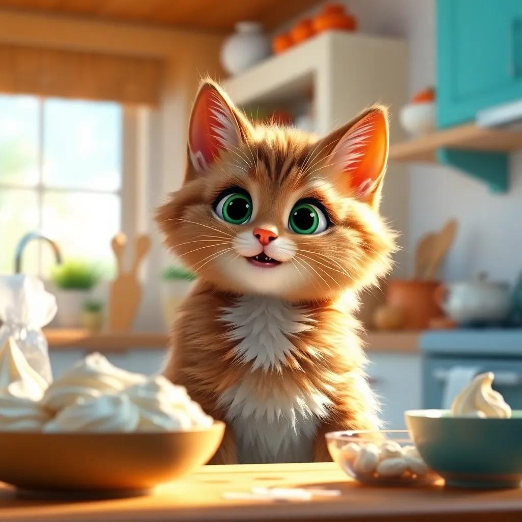 A cheerful cat named Coco with fluffy fur in a sunny kitchen, excitingly looking at baking ingredients, bright colors, digital art, warm light, inviting atmosphere, high quality