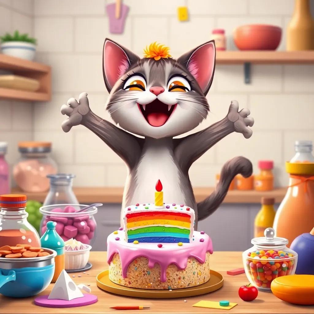 Coco the cat, surrounded by colorful ingredients and food coloring, jumping excitedly as she prepares to bake a rainbow cake, cheerful, whimsical style, vibrant colors, high quality
