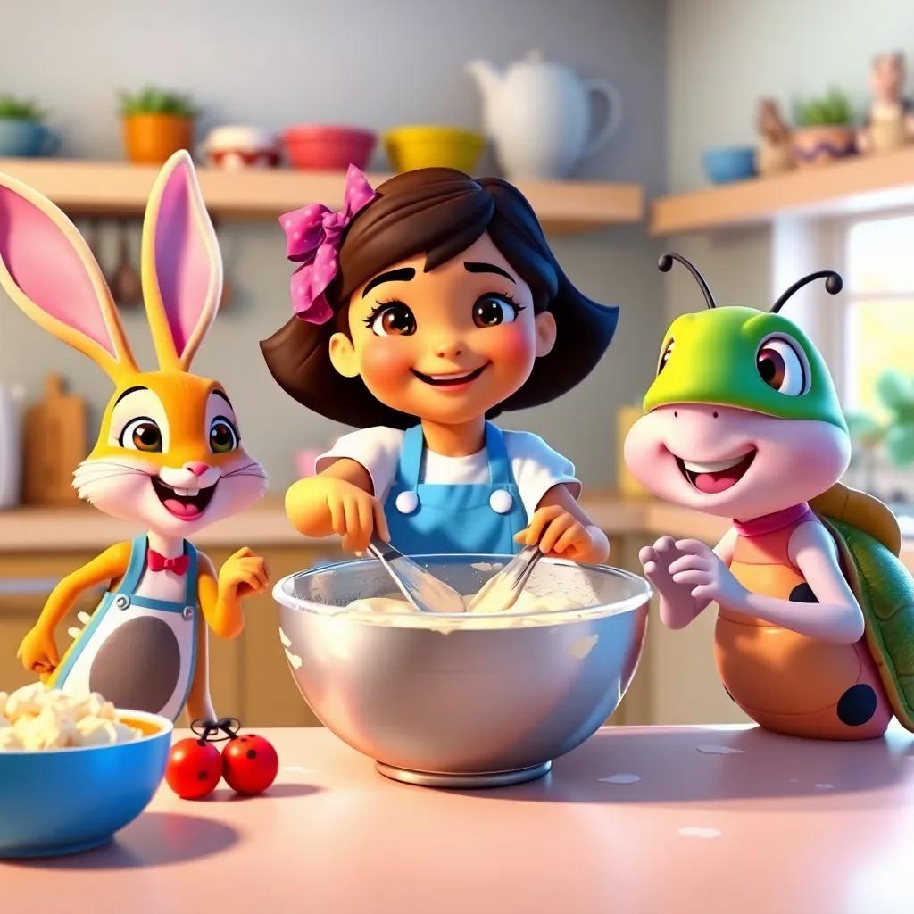 Coco and her friends, Benny the bunny, Lila the ladybug, and Timmy the turtle, mixing cake batter in a big bowl in a lively kitchen, joyful expressions, collaboration, bright colors, high quality