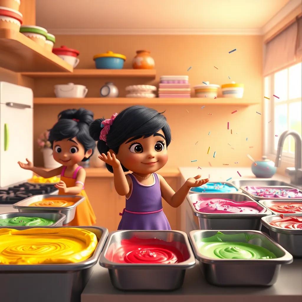 The kitchen filled with colorful cake batter in different pans, Coco and her friends tossing sprinkles, fun and playful atmosphere, colorful, warm light, high quality